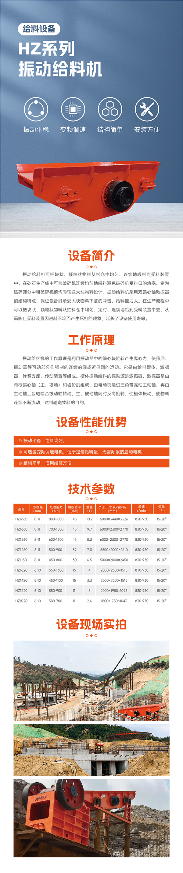 振動(dòng)平穩(wěn)，給料均勻。 可選裝變頻調(diào)速電機(jī)，便于控制；給料量，無(wú)需頻繁的啟動(dòng)電機(jī)。  結(jié)構(gòu)簡(jiǎn)單，使用維修方便。 最大標(biāo)準(zhǔn)型號(hào)HZ1860振動(dòng)給料機(jī)標(biāo)配45KW電機(jī) 雙振幅 8-11mm  重量10.2噸，轉(zhuǎn)速830-930R/min  安裝傾角 15-20度， 處理量可達(dá)800-1600噸  適合大型生產(chǎn)線礦山項(xiàng)目使用一般使用在時(shí)產(chǎn)1000-2000噸，此系列振動(dòng)給料機(jī)可根據(jù)具體客戶實(shí)際需要加大尺寸響應(yīng)提升給料效率！
