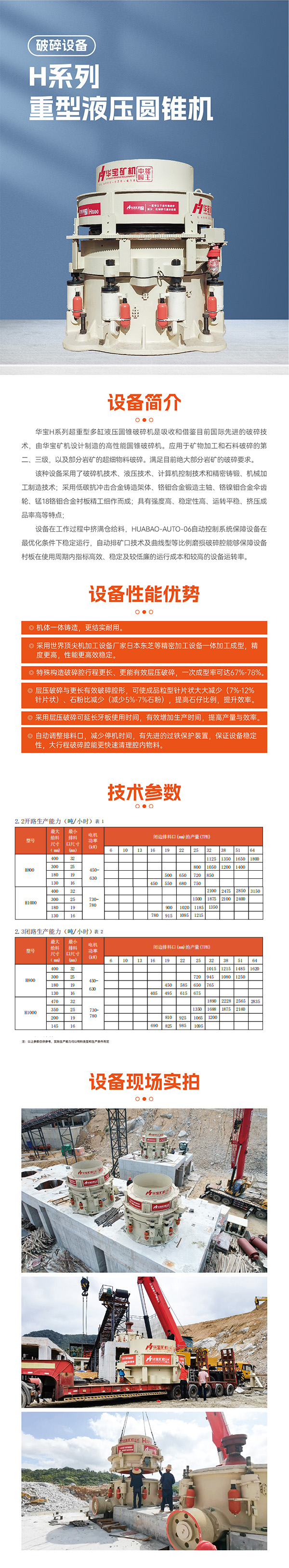 華寶礦機(jī)H系列超重型多缸液壓圓錐破碎機(jī)是吸收和借鑒目前國(guó)際先進(jìn)的破碎技術(shù)，由 華寶礦機(jī)設(shè)計(jì)制造的高性能圓錐破碎機(jī)。應(yīng)用于礦物加工和石料破碎的第二、三級(jí)， 以及部分巖礦的超細(xì)物料破碎。滿足目前絕大部分巖礦的破碎要求。最大標(biāo)準(zhǔn)型號(hào)H1000,最大處理量3150噸/小時(shí)，標(biāo)配電機(jī)730-780kw，石料適應(yīng)性強(qiáng) 花崗巖、鵝卵石、輝綠巖、砂巖、金屬礦等高硬度原料。粒型優(yōu)異率80%以上，石粉可減少15%以上！